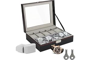 LKH HOME COLLECTION LKH Watch Box 10 Slot - Premium Watch Storage Case with Metal Clasp Lock & 2 Keys, Faux Leather With Removable Pillows Watch Organizer for Men & Women, Display Case with Glass Lid & Pillows