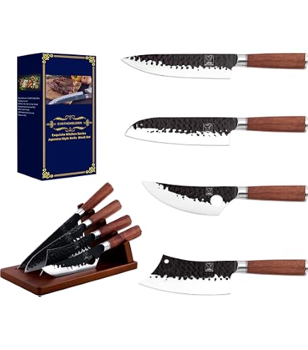 Set Coltelli Da Cucina 4 Pezzi In Acciaio Inox Tedesco Con Supporto Magnetico In Legno Di Acacia - Lame Martellate, Potente Magnete, Base Antiscivolo