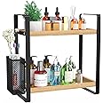 LEMIKKLE Makeup Skincare Perfume Organiser for Vanity, Bathroom Organiser Countertop, Spice Rack 2-Tier Wood Tray Organiser, Counter Organisation and Storage for Dresser, Vanity, Countertop
