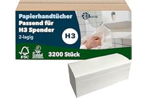 ‎BOVE BOVE 2-Lagige Papierhandtücher ZZ-Falz/V-Falz - 25x23cm - 3200 Stück - Passend für TORK H3 Spender, 100% Zellstoff - Geprägt; Saugstark & Reißfest - 16 Bündel à 200 Tücher