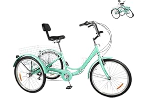 EALTQUND Triciclo para adultos, 24 pulgadas, 7 velocidades, plegable, con soporte para bebidas, luz frontal, 3 ruedas, 210 kg, compras y ocio, color verde