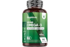 ‎WEIGHTWORLD Omega 3 Vegan - 90 Weich-Kapseln - 2000mg Omega 3 Algenöl liefern 600mg DHA & 300mg EPA pro Portion - EPA & DHA tragen zur normalen Herzfunktion bei (EFSA) - Alternative zu Fischöl - WeightWorld