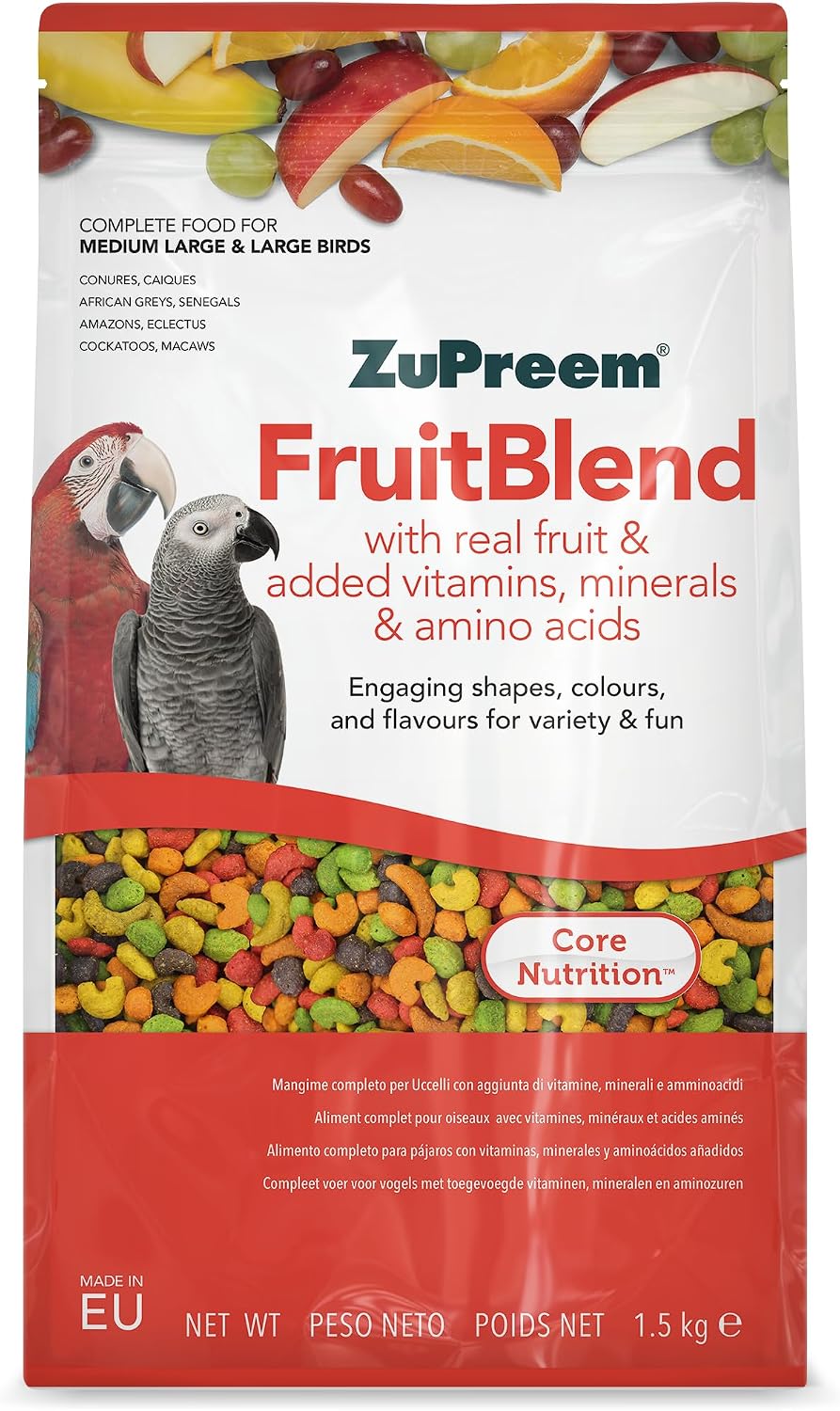Zupreem Multifrutas Alimento para Aves de Compañía - Frutas y Vitaminas - Pienso para Pájaros Indicado para Loros, Guacamayos, Cacatúas, Caiques y Otros Pájaros Medios-Grandes y Grandes - 1,5 kg