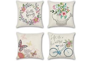 Jotom set di 4 federe decorative in morbido cotone e lino, 45 x 45 cm, Frühling A, 45 x 45 cm