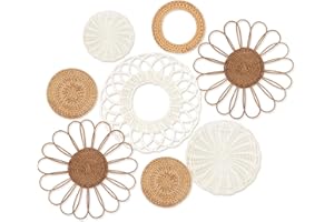 YiYa Set of 8 Boho Wall Decor Rattan Flower Wall Basket Decor Round Hand Woven Rattan Wall Art Hanging Wall Art for Living Rooms Farmhouse Living Rooms Nursery