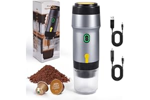 Nsyee 3-in-1 Portable Coffee Maker, 12V Car Coffee Machine, Self-Heating, Compatible with Big Capsules/Small Capsules/Ground Coffee, Electric Travel Espresso Machine, For Camping, RV, Office, Silver