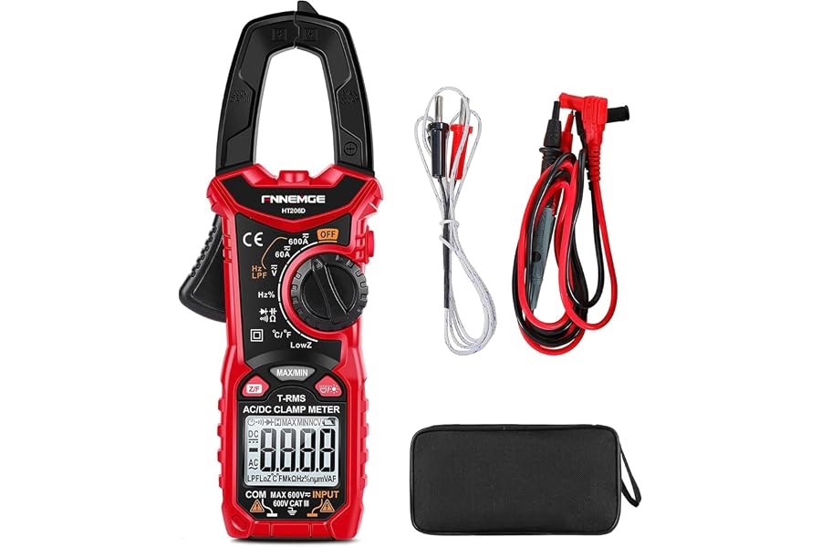 FNNEMGE Pince Ampèremétrique Numerique AC/DC, 0-600A Multimetre Professionnel 6000 Comptes TRMS, Mesure Courant/Tension/Diode/Température/Résistance/Fréquence/Diode/Capacité