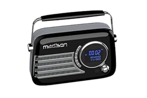 Madison - FREESOUND-VR40BK-DAB - Vintage DAB+ radio with long battery life - DAB+, FM, Bluetooth & USB - Subwoofer on the back - Glossy black - Vintage, Nostalgia, Retro