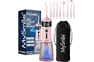 MySmile Kraftfull sladdlös Water Flosser Bärbar tandspolare med 5 lägen OLED-skärm 8 utbytbara jetspetsar och 350 ML löstagbar vattentank för hemmabruk (Saftig