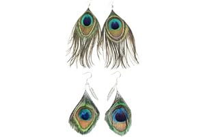 CQQNIU 2 Pairs of Peacock Feather Earrings, Women's Earrings, Feather Pendant Earrings, Fashionable Earrings, Personalized Clothing Decoration
