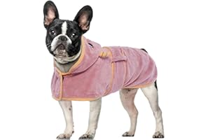 OUOBOB Dog Drying Coat, Bathrobe for Drying Dogs, Pink Towels for Medium Dogs, Microfibre Dog Robe Super Absorbency with Hood & Adjustable Belly Straps for Frenchie, Beagle, Boston Terrier M