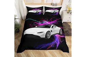 LOUSSIESD Car Duvet Cover Sports Car Bedding Set for Kids Boys Girls Extreme Sports Comforter Cover Car Sports Competition Bedspread Cover Purple Automobile Style Single Size Quilt Cover 2Pcs