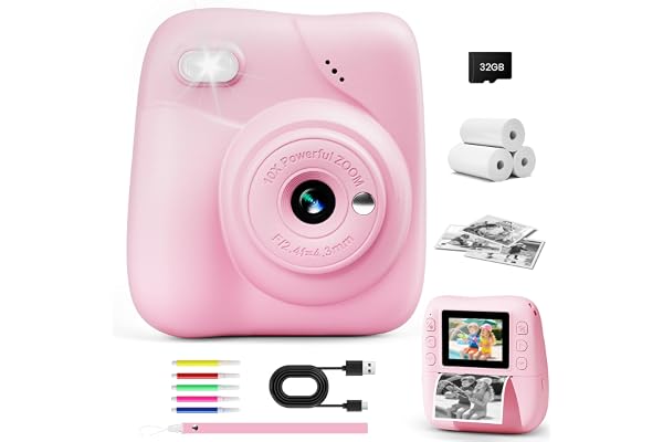 CAMCLID Appareil Photo Instantané Enfants, 1080P HD Appareil Photo Numérique Enfant avec Carte de 32GB & 3 Rouleaux de Papier d'impression, Cadeaux pour Garçons Filles de 3 à 12 Ans