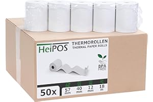 HeiGroup - HeiPOS 50x rotoli termici BPA free (W/Ø) 57mm / 40mm - lunghezza 18m, anima Ø 12mm, peso 52 g/m2, spessore 60 µm, durata di conservazione 10 anni