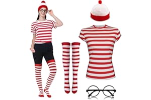 BISMAA Ladies Women's Girls Red & White Stripes T-Shirt KIT Hen Party Fancy Dress Costume Book Day stag Night Wally Book Week Nerd Glasses Set