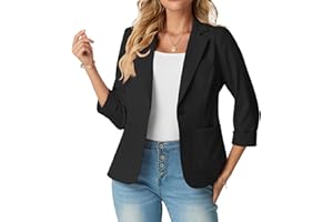 GRECERELLE Womens Blazer Suit Elegant 3/4 Sleeve Notch Lapels Collar Jackets Business Work Office Cardigans Jacket Suiting & Blazers with Pockets Button for Ladies