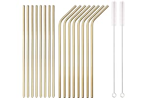 HOMQUEN Pajitas de acero inoxidable doradas de 18 piezas, pajitas reutilizables de 8.5 '', con estuche portátil, adecuado para vino y bebidas frías (8 cepillos rectos / 8 doblados / 2)