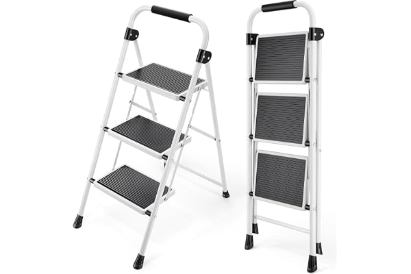 KINGRACK Escabeau 3 Marches, Escabeaux Pliant avec Marchepied Antidérapant et Large, Petit Marche Pied avec Poignée, Escabeaux en Acier Robuste, Léger et Portable, Blanc