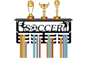 CREATCABIN Porta Medaglie da Calcio Scaffale per Trofei Appendini per Medaglie da Calcio Espositore con Supporto per Ripiano Piccolo Sport 4 Supporto da Parete per Contenere 70+ medaglie 29x13x10cm