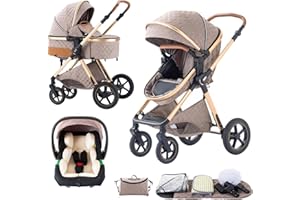 BEBBY 3-in-1 Kinderwagen KombiKinderwagen-Set 2-in-1 Buggy faltbar Luxus Hochlandschaft Neugeborenes Tragbarer Zusammenklappbarer Kinderwagen Travel System (khaki, H2)