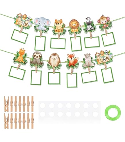 Guirlande Photo Anniversaire 1 An – Bannière Jungle Avec 12 Cartes Animaux, Pour Filles Et Garçons