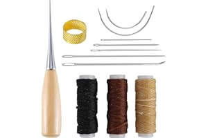 LOTNUT Kit de costura de cuero, 12 piezas Kit de herramientas artesanales de hilo encerado de cuero con punzón, cuerda y dedal para restaurar mantas de cuero tapicería lienzo tela gruesa y más