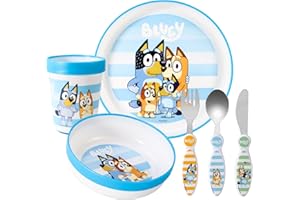 ZAWADI GLOBAL Bluey Kids 6 Piece Reusable Dinner Set - Plate/Bowl/Cup/Knife/Fork/Spoon - Childrens Dinnerware Tableware Cutlery Set