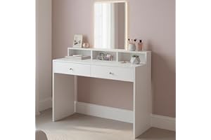VASAGLE Toeletta con Specchio Grande, Postazione Trucco con 2 Cassetti e 3 Scomparti, Tavolo da Trucco, Stile Moderno, Bianco RDT163W01