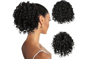 RUWISS Afro Kinky Pferdeschwanz Haarteil Haarverlängerung Locken mit Kordelzug Schwarz Kunsthaar Ponytail Extension für Damen Gewickelt Zopf Ponytail 15cm