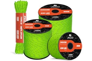 Abma Cord Paracord 4mm 9 Fili 50m Corda Paracord Nylon Corda da Paracadute Tipo 3 620lbs - Max. 280 kg - Riflettente Neon Verde