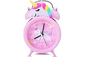 TCJJ Silent Bedside Alarm Clock Battery Operated,Non-Ticking Pink Unicorn Clock for Girls Bedroom Desk,Classic Loud Twin Bell Clock with Backlight
