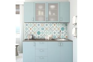 AMBIANCE STICKER 30 Stickers adhésifs carrelages | Sticker Autocollant Carreaux de ciment - Mosaïque carrelage mural salle de bain et cuisine | Carreaux de ciment adhésif mural - azulejos - 15 x 15 cm - 30 pièces