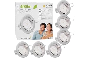 ‎LUMARE Lumare LED Einbaustrahler 4W | IP44 Spritzwasser geschützt| Extra flach mit 27mm Einbautiefe | Spot für Wohnzimmer, Badezimmer | Einbauleuchten Silber Rund | Decken Spot Warmweiß 2700K | 6er Set