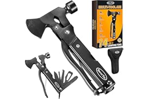 RoverTac Wielofunkcyjne narzędzie Topór Siekiera Sprzęt kempingowy Prezenty dla mężczyzn Tata On Wielofunkcyjne narzędzie 14 w 1 Nóż Młotek Szczypce Piła Wkrętaki Otwieracz do puszek Butelka