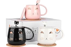 DONGSHANGIFT Kubki dla kotów, zestaw 3 uroczych ceramicznych kubków dla kota z pokrywką, łyżeczką i podstawką, kubek do kawy dla kobiet, dzieci, miłośników kotów, 380 ml, prezent na Boże Narodzenie