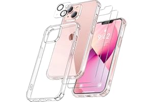 FLLAO 4 en 1 Funda para iPhone 13 con 2 Protector Pantalla y 1 Protector Lente Cámara, [Almohadilla de Aire integrada] Antigolpes Antiarañazos Carcasa 6,1 Pulgadas, Transparente