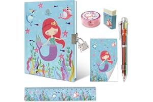 GINMLYDA Set de Diario Secreto Niña con Candado, Kit Papelería de Sirena incluye Diario con Candado Bolígrafo de 6 Colore Mini Bloc de Notas Regla Borrador y Sacapuntas Cuaderno Niño Regalo Niña 6-10 Años