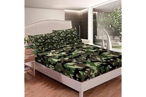 Loussiesd Camo Bed Sheet Set Force Hidden Army Green Sheets Retro Camouflage Pattern Print Bedding Set Modern Marble Texture Fitted Sheet Bedroom Collection 3Pcs King Size