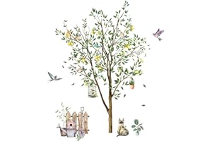 AABDTYYD Zitronenbaum Wandtattoo Grüner Baum Wandaufkleber Aufkleber Flieger Vogel Wandsticker Kätzchen Zaun Wandaufkleber Schlafzimmer Wohnzimmer Sofa Hintergrund Wanddekoration (90 * 30 cm 2 PCS)