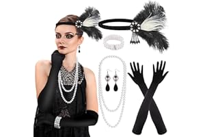 PLULON 1920s Flapper Great Gatsby Accessories Set Fashion Roaring 20's Theme Set with Headband Headpiece Long Black Gloves Necklace Earrings for Women