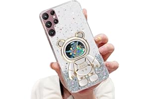 Tivenfezk Nadoli für Samsung Galaxy S22 Ultra Treibsand Bär Astronaut Versteckt Ständer Hülle,Karikatur Glitzer Astronaut Ständer Weiche Silikon Bling Handyhülle Durchsichtig Schutzhülle