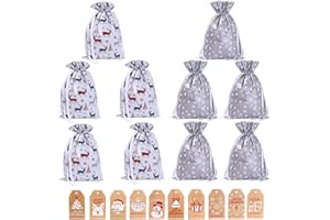 JIUHAO Christmas Wrapping Drawstring Gift Bags,10PCS Xmas Wrapping Bags Medium (16.5inX11.4in),Christmas Foil Drawstring Presents Bags