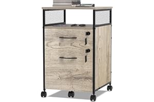 PIPIPOXER Beistelltisch mit Rollen, Sofatisch mit Abschließbaren 2 Schubladen, Offenes Regal, Nachttisch für Kleine Räume, Stabil und Robust, für Wohnzimmer, Schlafzimmer, 44x42x69cm, Grau