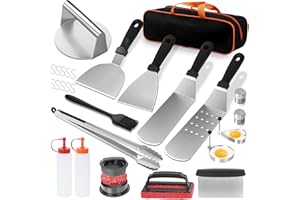 JUAUO 27-TLG Grillspachtel Plancha Zubehör aus Edelstahl, Grill Zubehör Grillbesteck Set mit Küchenspachtel, Burger Smasher, Multifunktional Grillset für Männer Geschenk für Außenküchen, Grillplatten