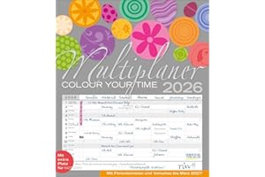 Multiplaner - Colour your time 2026: Familienplaner, 7 breite Spalten. Großer Familienkalender mit Ferienterminen, extra Spalte, Vorschau für 2027 und Datumsschieber. Format: 40x46 cm