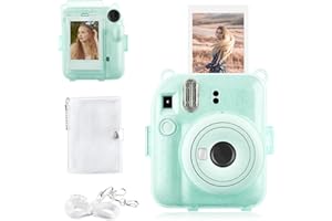 Rieibi Instax Mini 12 Tasche – Glitzerhülle für Fujifilm Instax Mini 12 Sofortbildkamera mit Fototasche auf der Rückseite, transparentem Schultergurt und Mini-Fotoalbum - Glitzer Grün