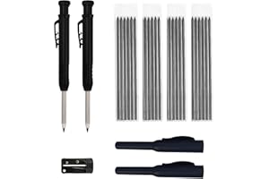 ANBOO Lot de 2 crayons de charpentier solides avec 24 mines, marqueur à trous profonds avec taille-crayon intégré pour perçage sur bois, métal et carreaux de béton, noirs