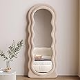 Vparty Floor Mirror with Stand, Full Length Mirror Wall Mounted, Standing Floor Mirror Full Length, Irregular Wavy Mirror, Flannel Wrapped Wooden Frame Mirror (Beige, 160x60cm (63"x24"))