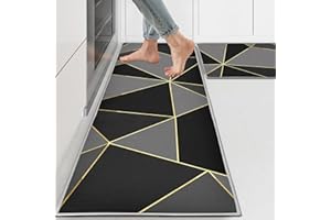 PQCXXA Black Kitchen Rugs and Mats Sets of 2 Pieces Funny Kitchen Decoration Non Slip Super Absorbent Kitchen Mat Runner Rug for Sink,Hallway,Laundry Room (Grey Geometry, 43x150cm+43x75cm)