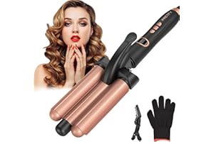 Pretfy 3 Barrels Hair Curler 25mm Mermaid Hair Waver 60 - 220 °C Adjustable Temp, Curling Tongs Wand Beach Waves LCD Display, Curling Iron Wave Curlers Heat Resistant Glove, Quick Heating, Auto-Off
